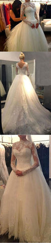 White Long Sleeve Cheap V-back A-line Lace Tulle Wedding Dresses