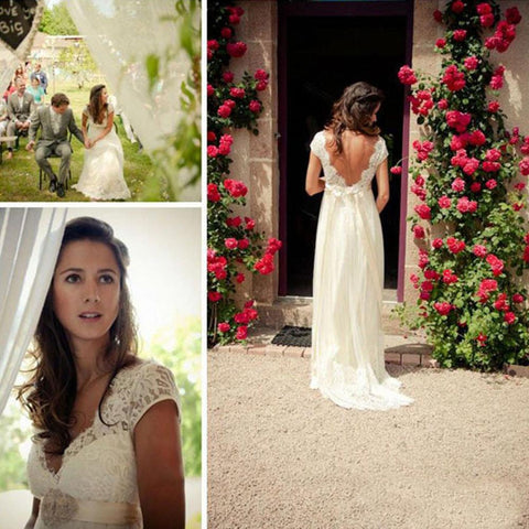 Flügelärmelchen A-Linie V-Rücken Günstige lange Spitzen-Hochzeitskleider, Brautkleid 