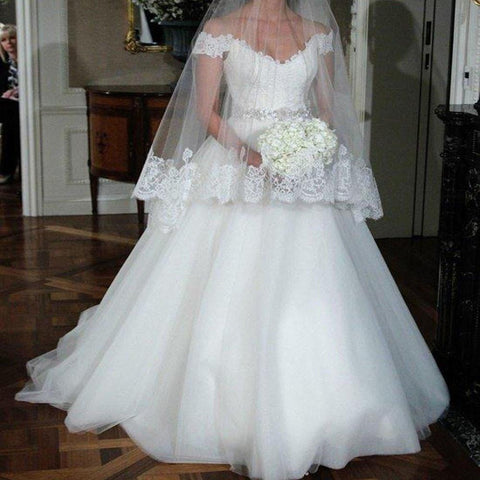 White Tulle Beaded Off Shoulder A-line Lace Wedding Dresses Bridal Dress