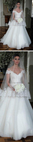 White Tulle Beaded Off Shoulder A-line Lace Wedding Dresses Bridal Dress