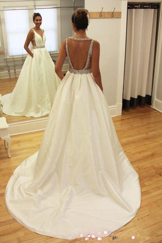 White Beaded Deep V Neckline A-line Backless Long Wedding Dresses,