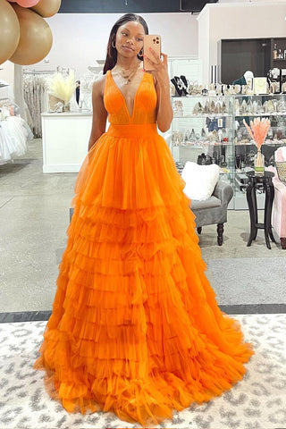 A-line Orange V-Neck Tulle Long Prom Dress