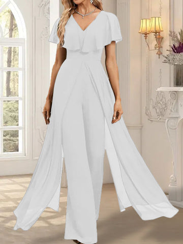 Jumpsuit/Hosenanzug V-Ausschnitt Bodenlanges Chiffon Abendkleid