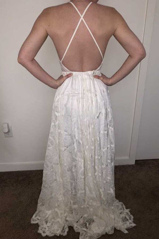 White A-line Halter Sweep Train Lace Wedding Dresses, Wedding Gowns