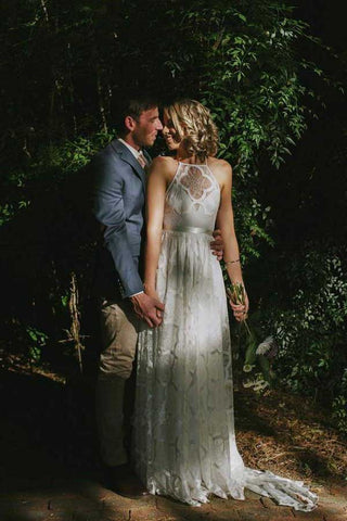 White A-line Halter Sweep Train Lace Wedding Dresses, Wedding Gowns