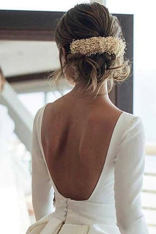 White Ball Gown Long Sleeves Backless Wedding Dresses With Pocket