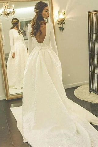 White Ball Gown Long Sleeves Backless Wedding Dresses With Pocket
