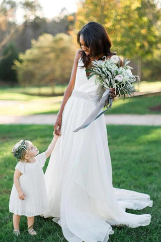 White Chiffon A-line V-neck Beaded Wedding Dresses, Wedding Gowns