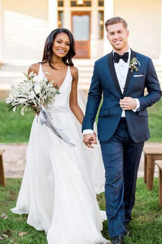 White Chiffon A-line V-neck Beaded Wedding Dresses, Wedding Gowns