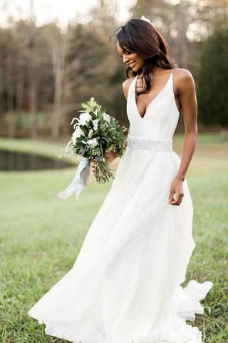 White Chiffon A-line V-neck Beaded Wedding Dresses, Wedding Gowns