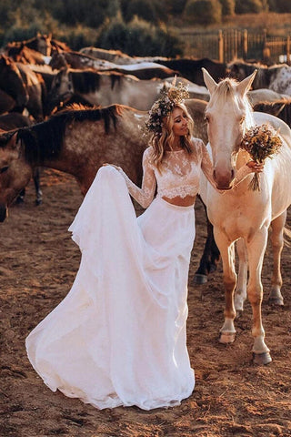 White Chiffon Boho Two Pieces Long Sleeves Lace Wedding Dresses