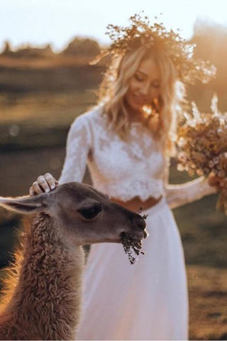 White Chiffon Boho Two Pieces Long Sleeves Lace Wedding Dresses