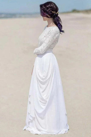 Weiße Chiffon-Spitze mit langen Ärmeln bodenlang Strand Brautkleider