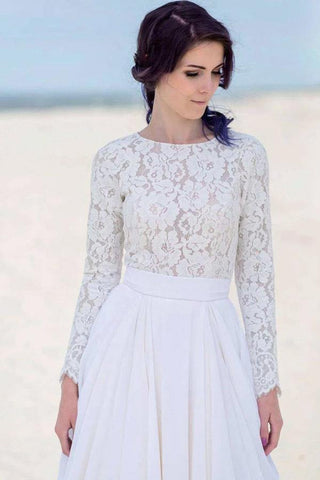Weiße Chiffon-Spitze mit langen Ärmeln bodenlang Strand Brautkleider