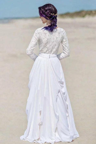 Weiße Chiffon-Spitze mit langen Ärmeln bodenlang Strand Brautkleider