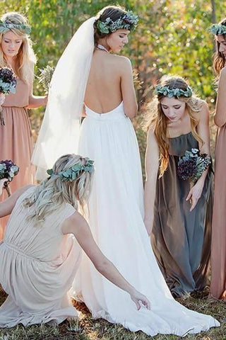 White Lace Chiffon A-line Halter Neck Backless Wedding Dresses With Train