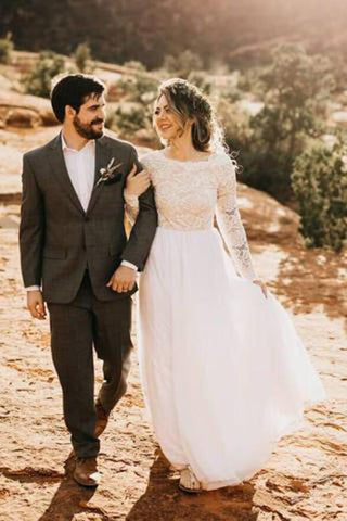 White Lace Tulle Long Sleeves Beach Wedding Dresses, Bridal Dress