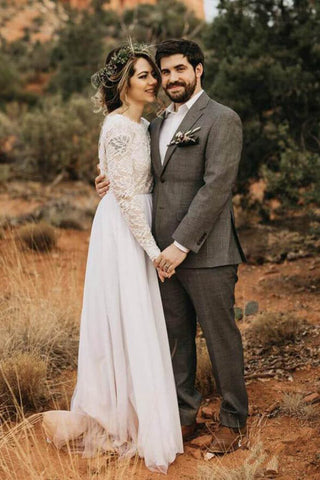 White Lace Tulle Long Sleeves Beach Wedding Dresses, Bridal Dress