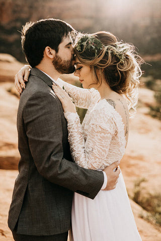 White Lace Tulle Long Sleeves Beach Wedding Dresses, Bridal Dress