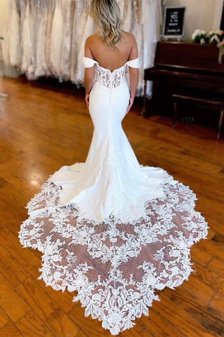 White Mermaid Satin Lace Off Shoulder Wedding Dresses With Train