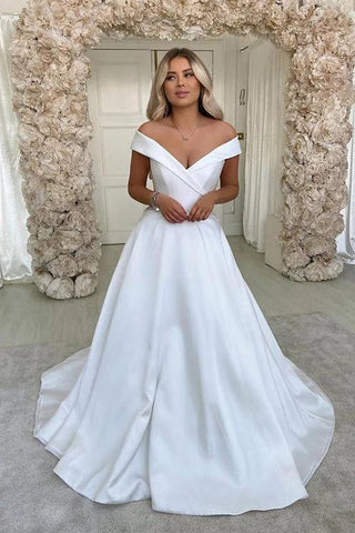 Weißes Satin A-Linie V-Ausschnitt Sweep Schleppe Brautkleider, Brautkleid