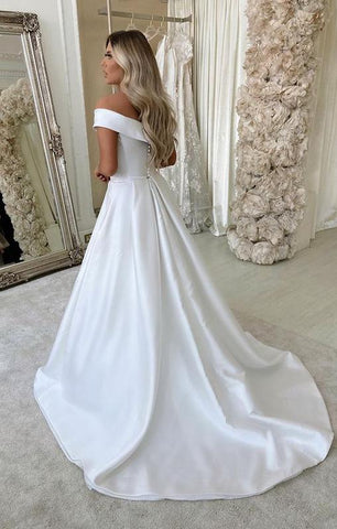 Weißes Satin A-Linie V-Ausschnitt Sweep Schleppe Brautkleider, Brautkleid