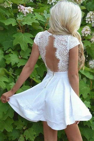 Satin Lace A-line Cap Sleeves Homecoming Dresses, Graduation Dresses