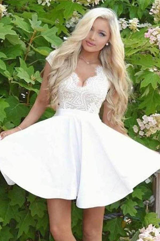 Satin Lace A-line Cap Sleeves Homecoming Dresses, Graduation Dresses
