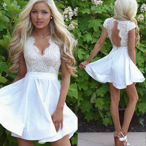 Satin Lace A-line Cap Sleeves Homecoming Dresses, Graduation Dresses