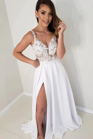 White Satin Lace Top A-line Wedding Dresses With Side Slit, Bridal Gowns