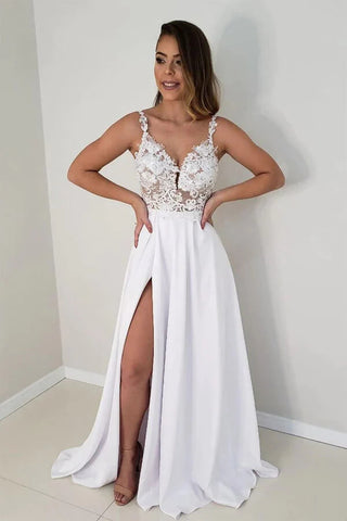 White Satin Lace Top A-line Wedding Dresses With Side Slit, Bridal Gowns