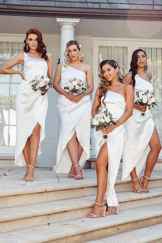 White Satin One Shoulder Bridesmaid Dresses, Wedding Party Dresses