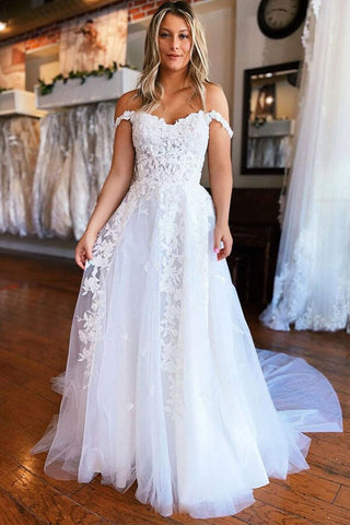 White Tulle A-line Long Wedding Dresses With Lace Appliques, Bridal Gown