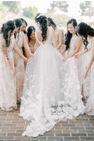 White Tulle A-line V-neck Flowers Beach Wedding Dresses, Bridal Gowns