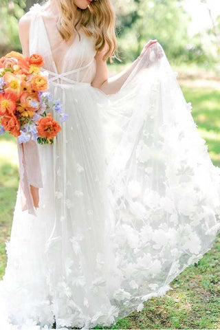 White Tulle A-line V-neck Flowers Beach Wedding Dresses, Bridal Gowns