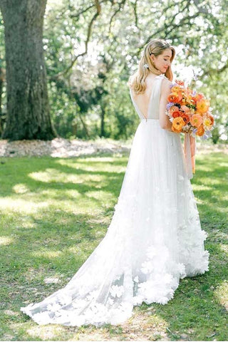 White Tulle A-line V-neck Flowers Beach Wedding Dresses, Bridal Gowns