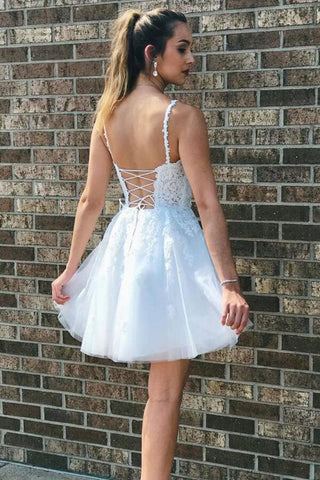 White Tulle A-line V-neck Lace Homecoming Dresses, School Event Dresses