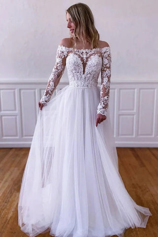White Tulle Lace A-line Long Sleeves Wedding Dresses, Wedding Gownss