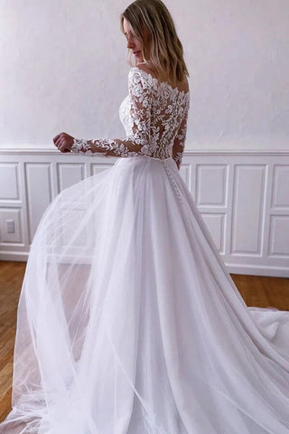 White Tulle Lace A-line Long Sleeves Wedding Dresses, Wedding Gownss