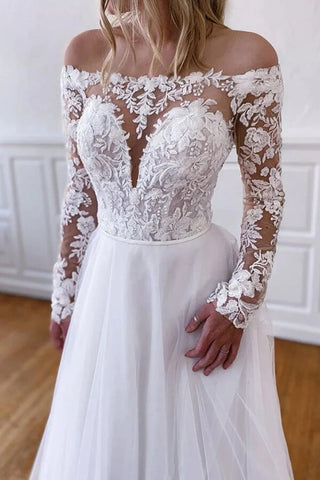 White Tulle Lace A-line Long Sleeves Wedding Dresses, Wedding Gownss