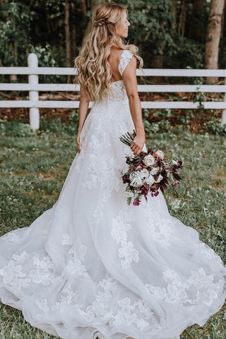 White Tulle Lace Appliqued A-line V-neck Wedding Dresses, Bridal Gown