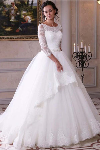 White Tulle Lace Ball Gown 3/4 Sleeves Scoop Neck Wedding Dresses