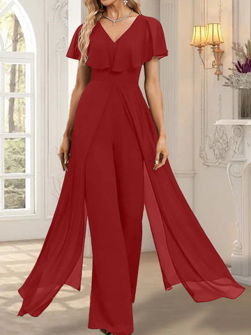 Jumpsuit/Hosenanzug V-Ausschnitt Bodenlanges Chiffon Abendkleid
