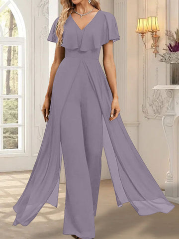 Jumpsuit/Hosenanzug V-Ausschnitt Bodenlanges Chiffon Abendkleid