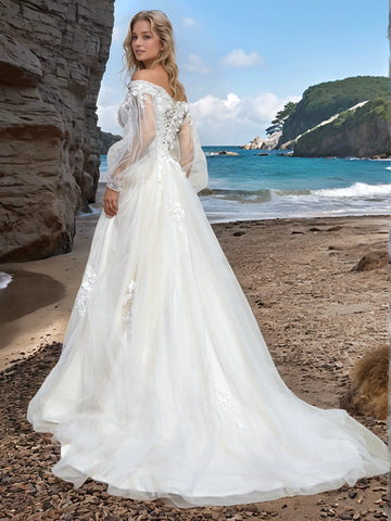 Off Shoulder Puff Sleeve Ball Gown Outdoor Wedding Dress