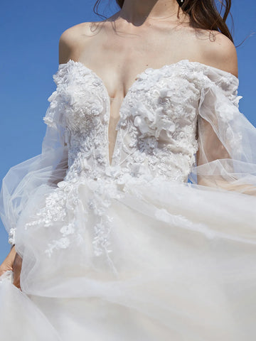 Off Shoulder Puff Sleeve Ball Gown Outdoor Wedding Dress