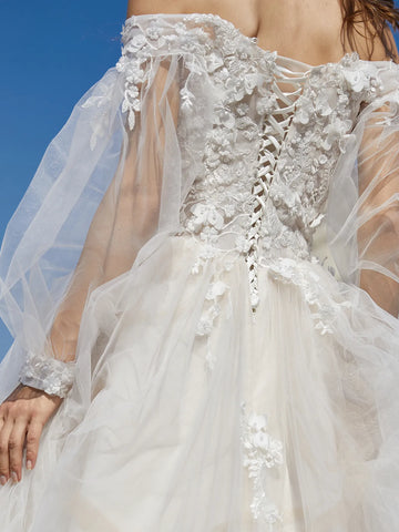 Off Shoulder Puff Sleeve Ball Gown Outdoor Wedding Dress