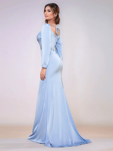 Long Sleeve Acetate Satin Sheath Bridesmaid Dress With Ruched Bust