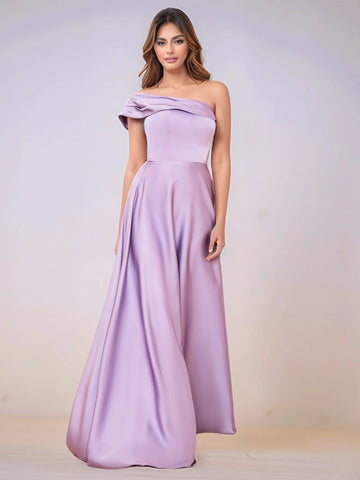 Asymmetrical Shoulder Acetate Satin A-Line Bridesmaid Dress