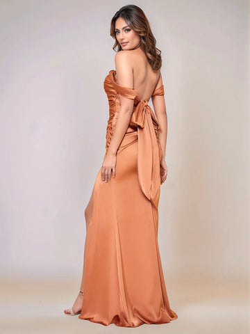 Row Off Shoulder Split Acetate Satin Bridesmaid Dress